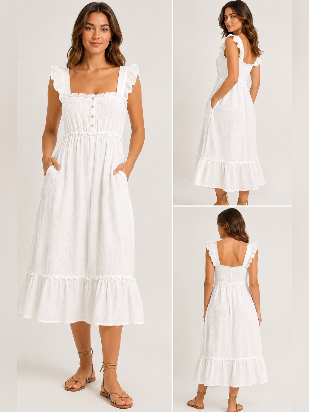 Hem & Thread White Gauze Ruffle Midi Dress Pockets Size Small NWT